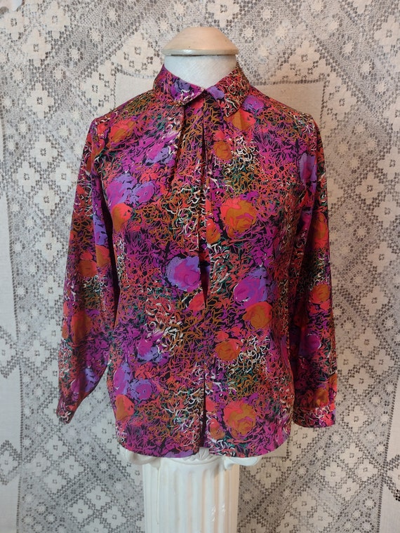 Bright Floral Blouse 70s 80s Scribble Loud Artsy … - image 6