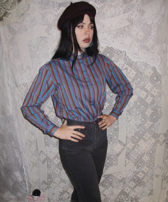 Striped Button up Shirt Front Pocket 80s 90s Dark 
