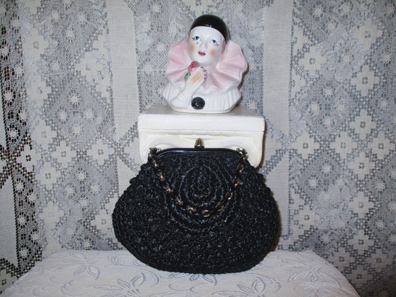 40s 50s Black Woven Raffia Purse Handbag Straw To… - image 4