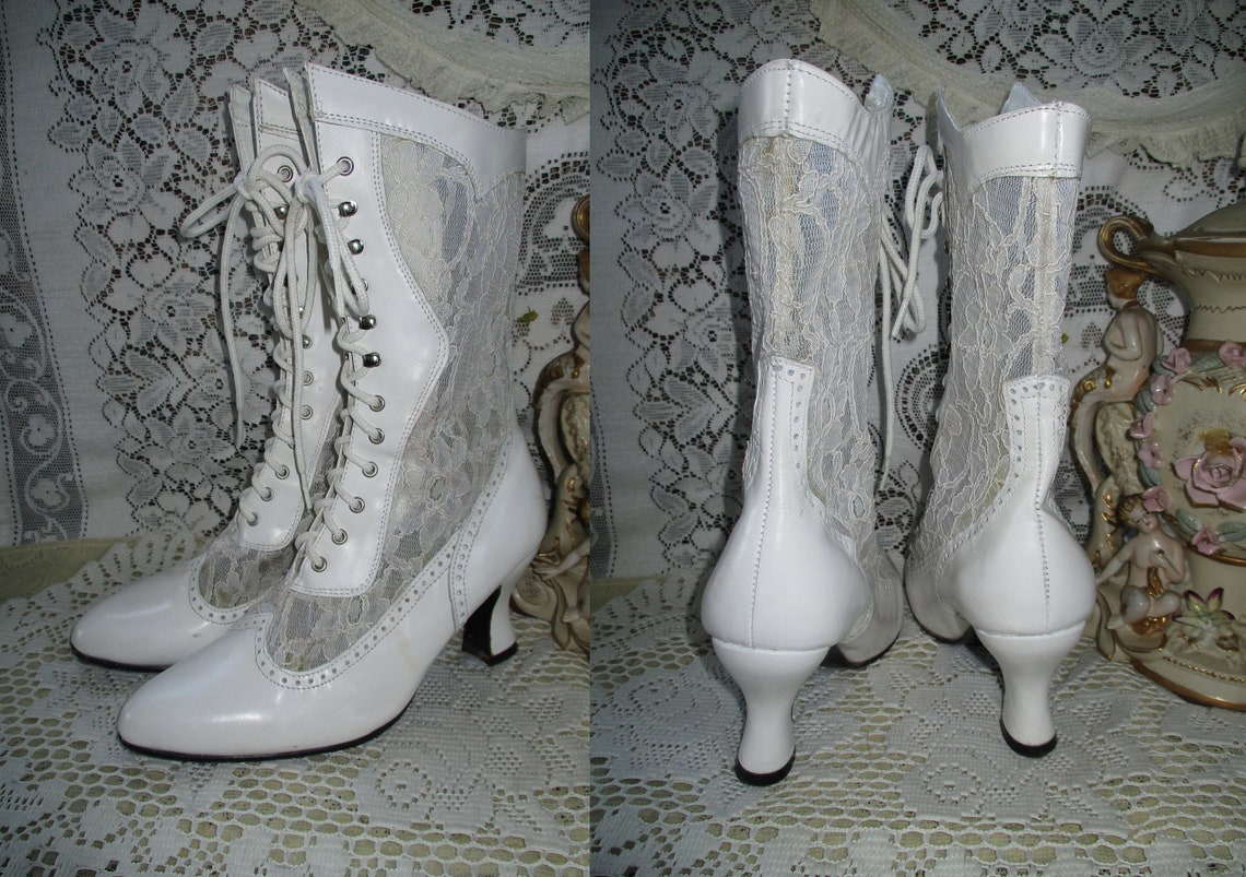 white lace up granny boots