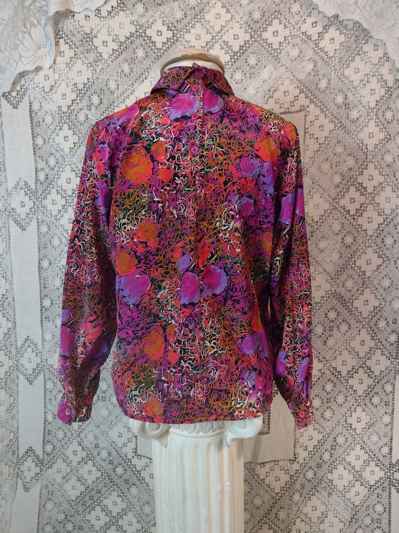 Bright Floral Blouse 70s 80s Scribble Loud Artsy Pattern Pleated Front Pink Orange Black Purple Dark Retro Secretary Mustard Yellow Gold Mod image 7