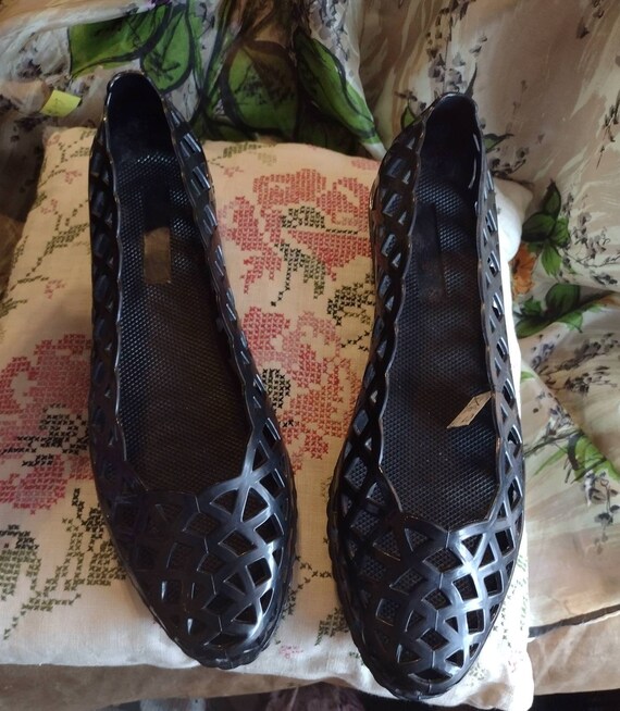 Black Jelly Flats Lattice Vinyl Plastic Pointed Almon… Gem
