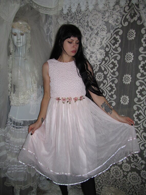 Pale Pink Floral Babydoll Dress Tulle 
