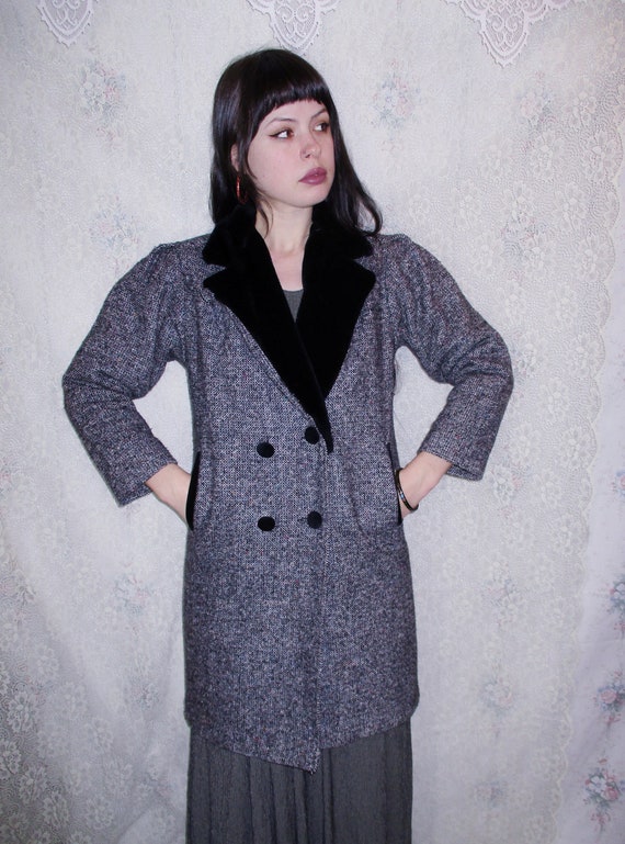 90s Grey Tweed Coat ILGWU Black Faux Fur Collar Pu