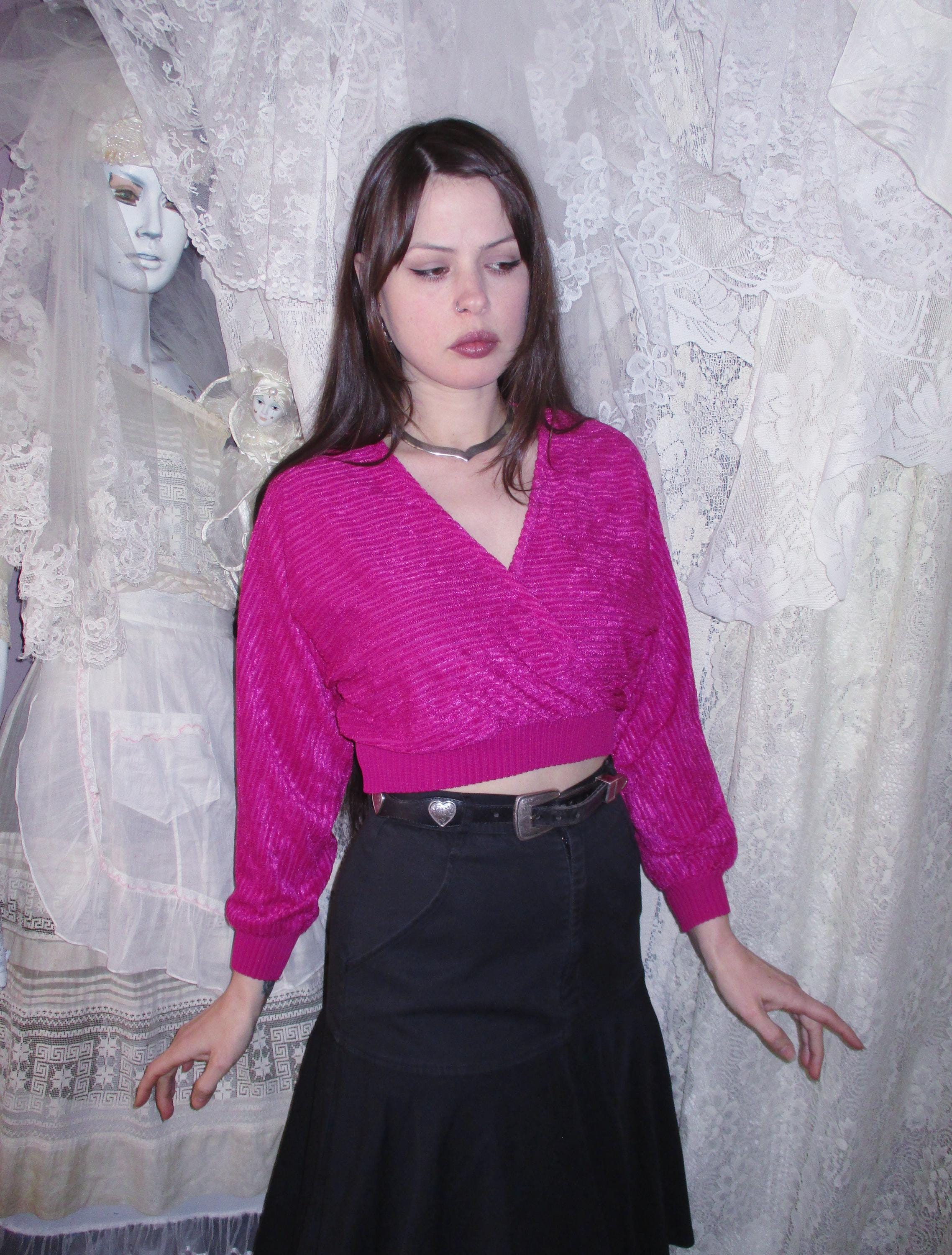 1970s Hot Pink Cropped Front Wrap Shirt Batwing Bright Magenta