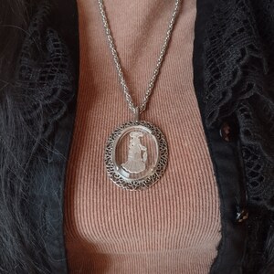 Avon Elegant Victorian Woman w Umbrella Cameo Necklace Clear Carved Frosted Glass Long Chain Oval Pendant Prairie Cottagecore Silver 80s 90s image 9