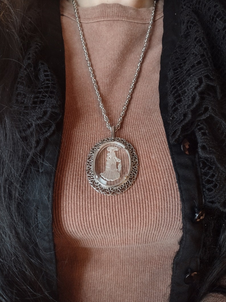 Avon Elegant Victorian Woman w Umbrella Cameo Necklace Clear Carved Frosted Glass Long Chain Oval Pendant Prairie Cottagecore Silver 80s 90s image 9