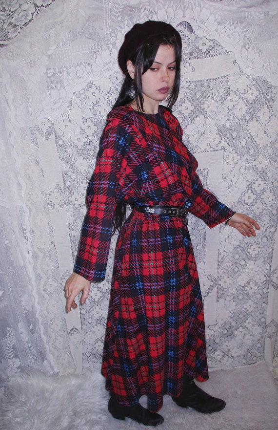 80s Plaid Dress Red Blue & Black Retro Scottish Tartan Maxi Blouson Vintage Handmade Goth Punk Witchy Folk Bohemian Victorian Dark Academia