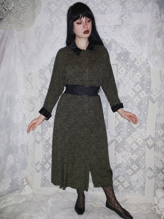 80s 90s Black Maxi Dress W/ Mustard Yellow Gold Vine Print