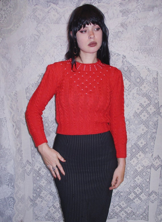 Red Cable Knit Sweater with Faux Pearl Yoke right 