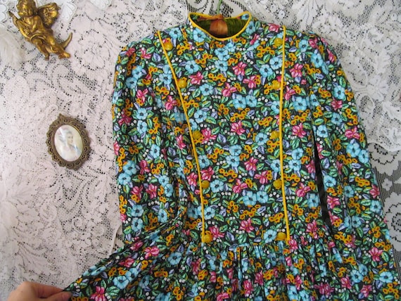 80s Prairie Dress Bright Dark Floral Cottage Cott… - image 10