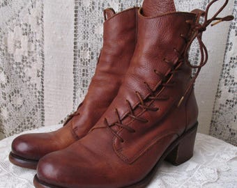 Tobacco Brown Asymmetrical Side Lace up Boots Bohemian Block Heel Round Toe Euro 39