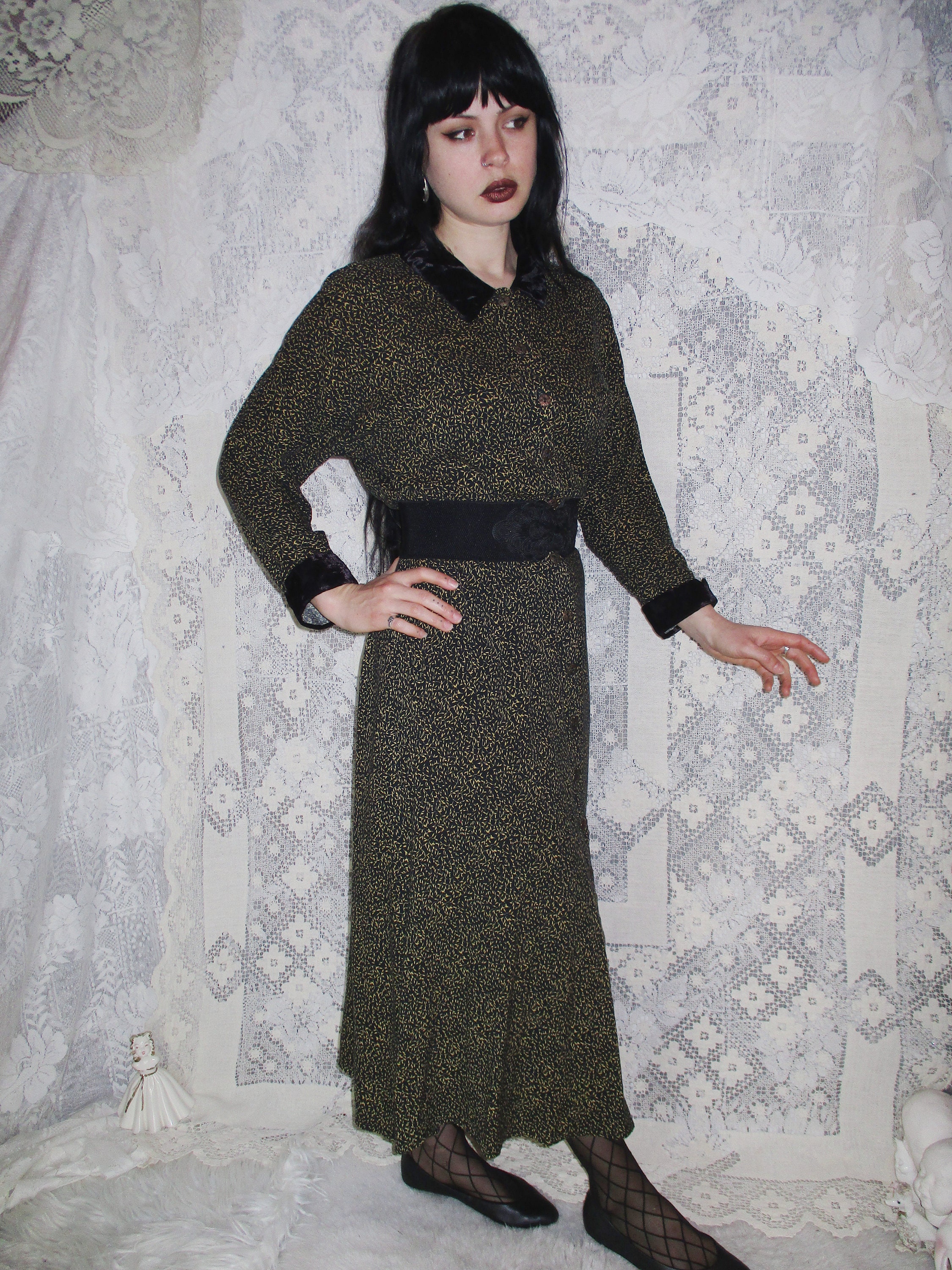 80s 90s Black Maxi Dress W/ Mustard Yellow Gold Vine Print