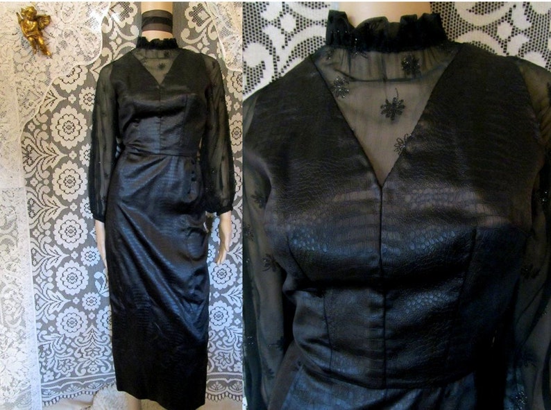 Black Snake Print Dress High Victorian Collar 70s 80s Trad Goth Balloon Poet Sleeves Witchy Witch Vampira Elvira Sheer Floral Daisy Collar