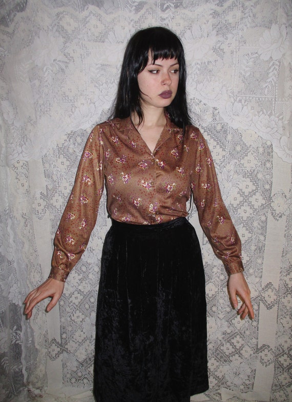 70s Brown Floral Blouse Polyester Retro Disco Prai