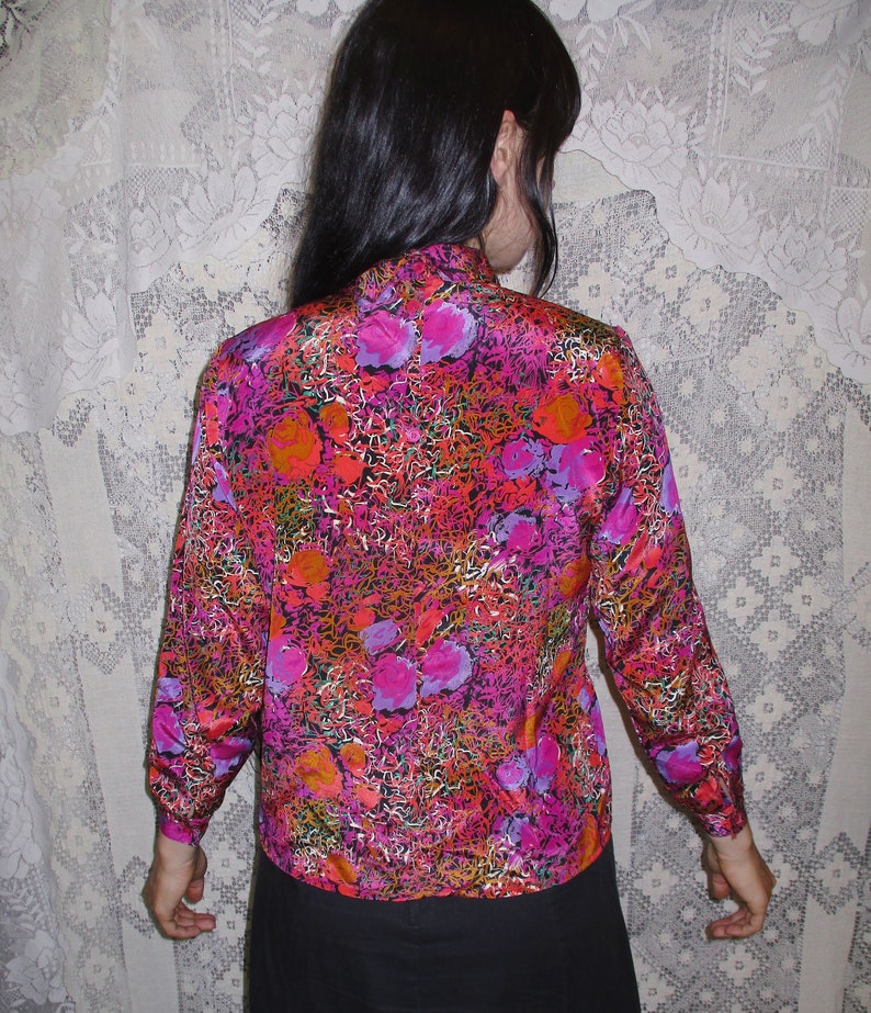 Bright Floral Blouse 70s 80s Scribble Loud Artsy Pattern Pleated Front Pink Orange Black Purple Dark Retro Secretary Mustard Yellow Gold Mod image 4