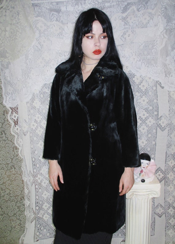 40S Black Faux Fur Coat Hudson Seal 30S 50s Bat Wing Collar Art Deco Witchy Goth Mod Punk True Vintage Big Gold Buttons Long Warm Winter