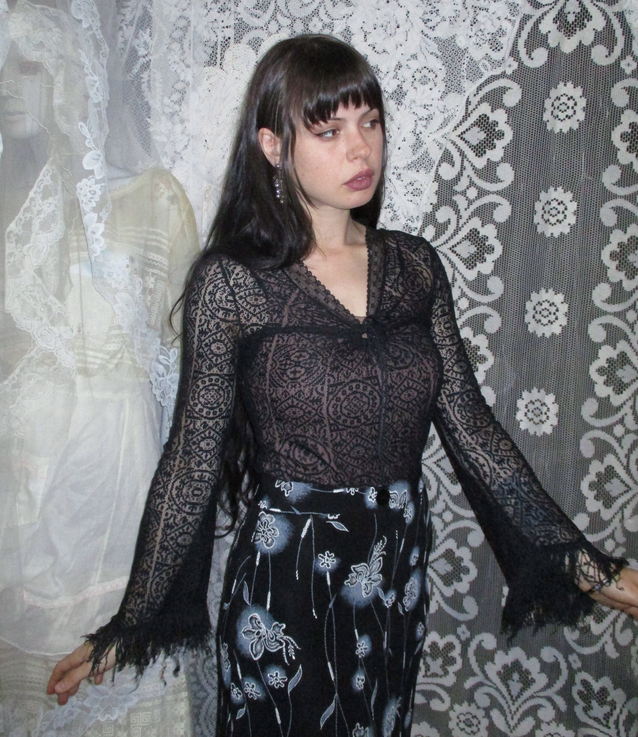 Black Lace Top Distressed Fringe Bell Sleeves Cinched