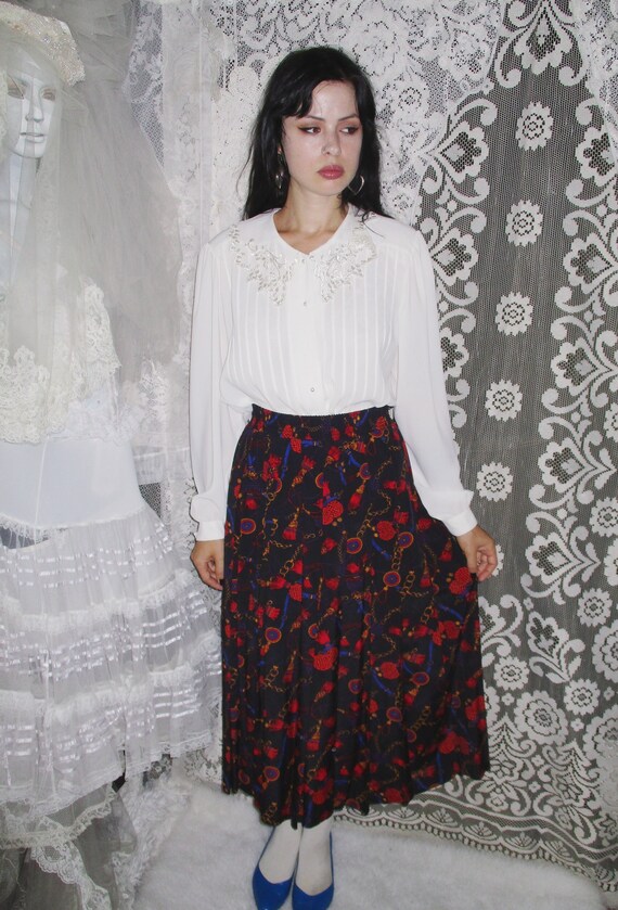 80s Black Tassel and Chain Pattern Maxi Skirt Plea