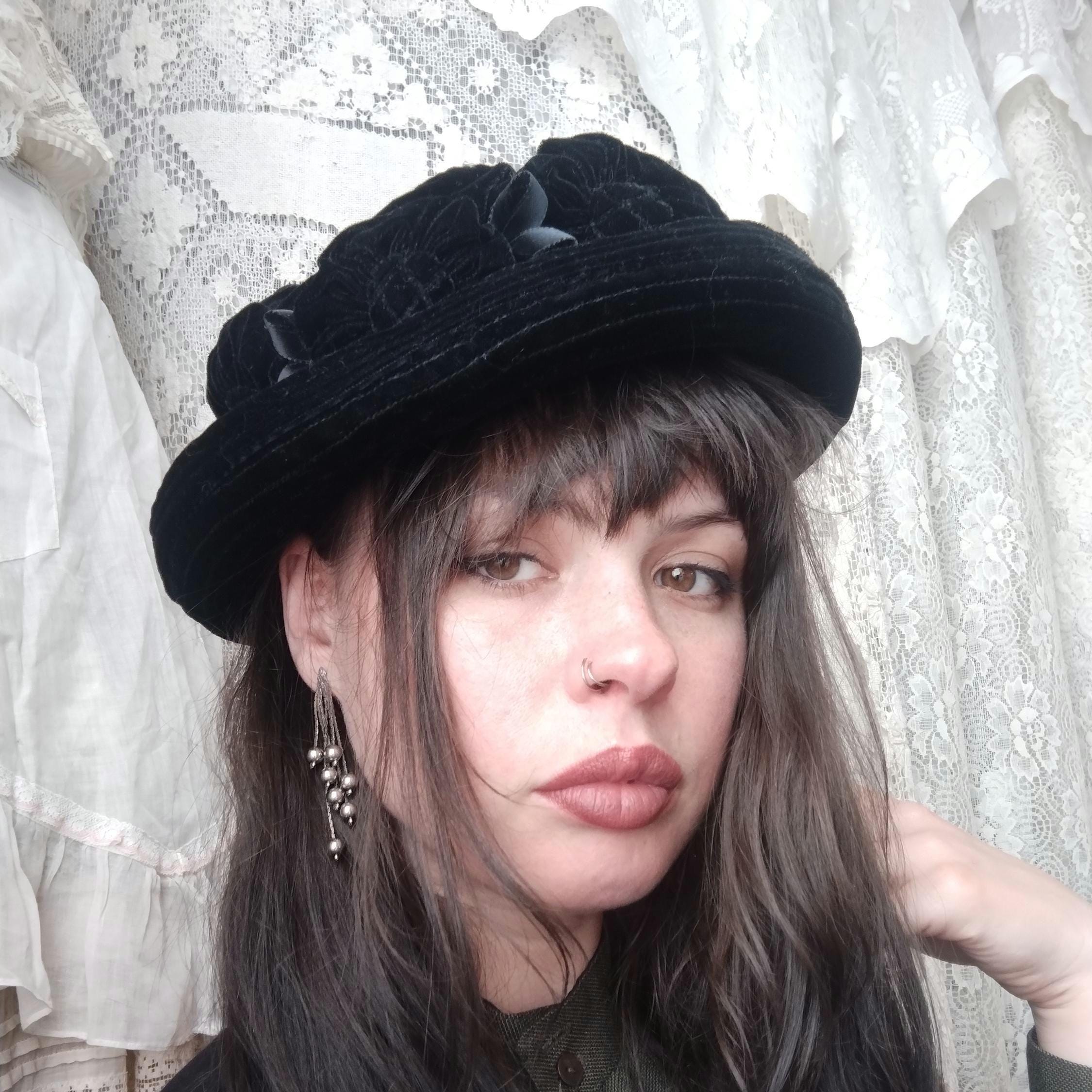 RARE Vintage Smith & Hawken WOMENS BLACK VELVET RIBBON FLOWER Hat 90s Boho Black Velvet Bucket Hat Silk Flower - Etsy main image 2