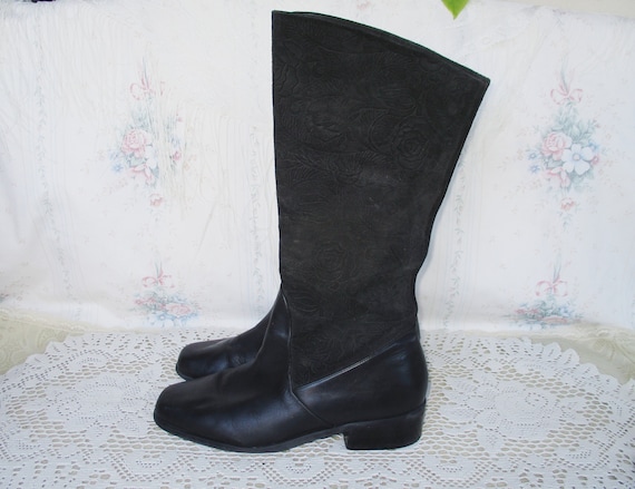 Rose Suede Slouch Boots 90s Y2k Black Leather Tall Square
