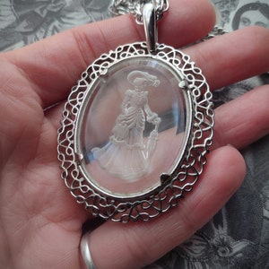Avon Elegant Victorian Woman w Umbrella Cameo Necklace Clear Carved Frosted Glass Long Chain Oval Pendant Prairie Cottagecore Silver 80s 90s image 3