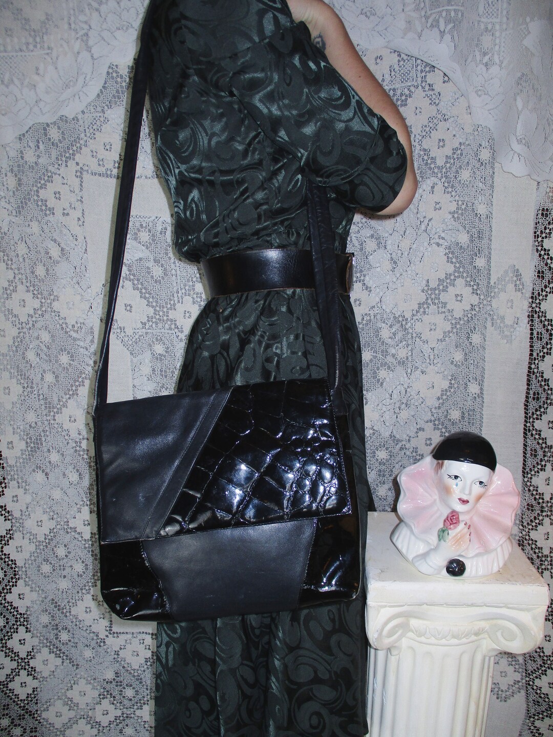 80s Black Patent Leather Purse Shoulder Bag Croc Crocodile - Etsy