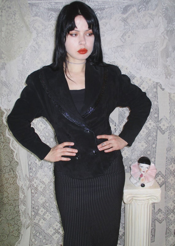 80s Black Suede Leather Jacket with Snake Skin Det