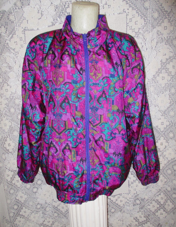 80s 90s Windbreaker Bright Magenta Purple & Olive… - image 6