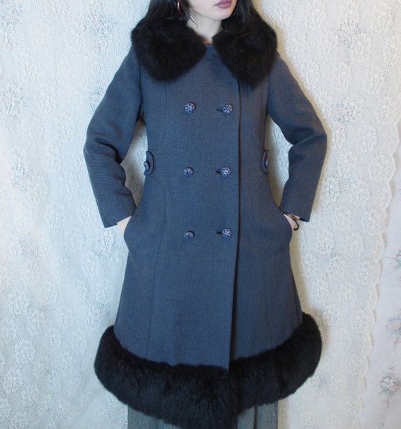 60s 70s Grey Russian Princess Coat Black Fur Trim… - image 3