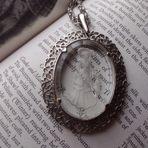 Avon Elegant Victorian Woman w Umbrella Cameo Necklace Clear Carved Frosted Glass Long Chain Oval Pendant Prairie Cottagecore Silver 80s 90s image 7