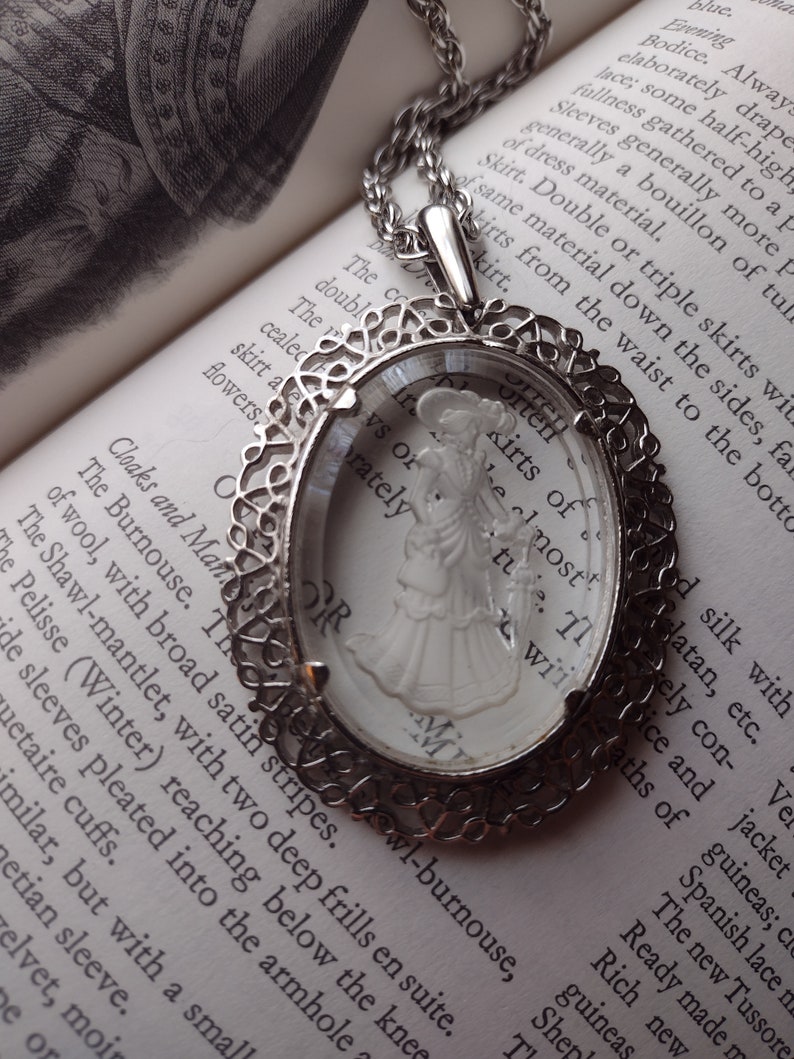 Avon Elegant Victorian Woman w Umbrella Cameo Necklace Clear Carved Frosted Glass Long Chain Oval Pendant Prairie Cottagecore Silver 80s 90s image 7