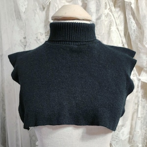 May include: A dark teal, cropped turtleneck sweater with ruffled shoulder details. The sweater is made of a knitted material and is displayed on a mannequin. The turtleneck is ribbed, and the shoulder details have a scalloped edge.