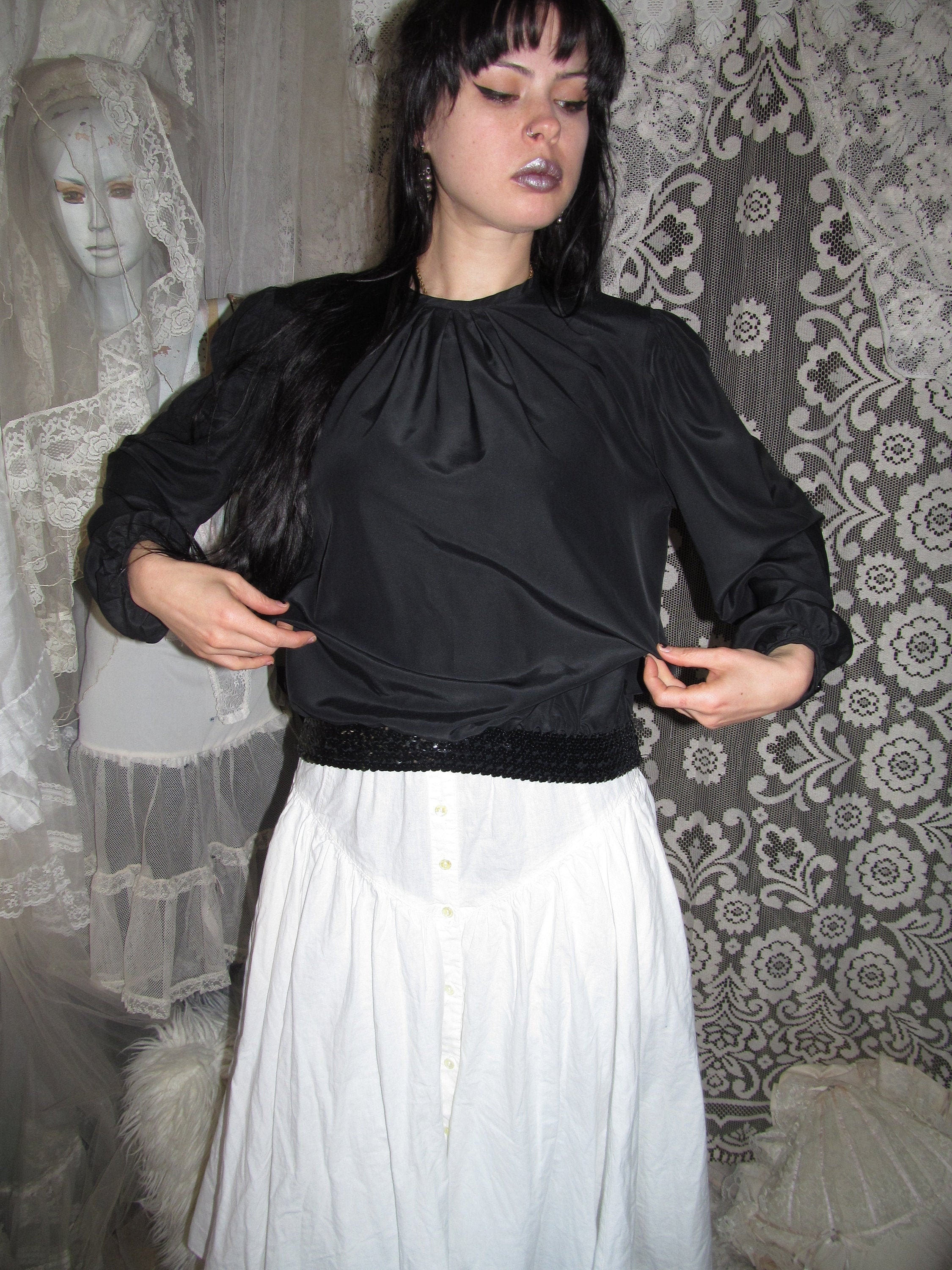 Size 16 80s Black Blouse Polyester 