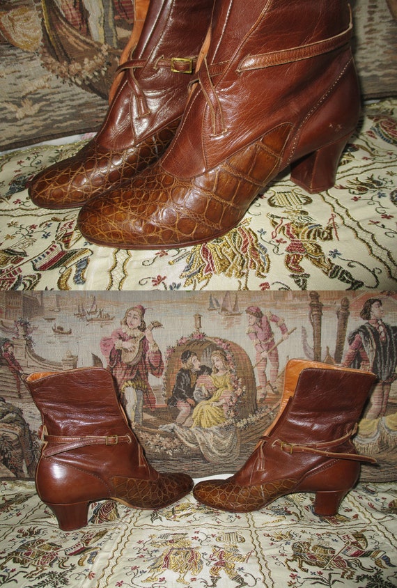 Antique Boots Tobacco Brown Leather Croc Cross St… - image 10