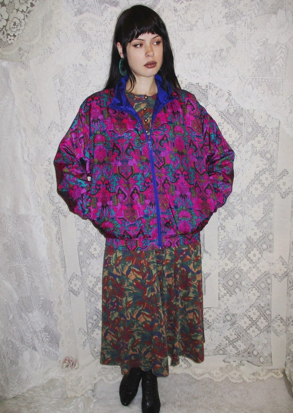 80s 90s Windbreaker Bright Magenta Purple & Olive… - image 1