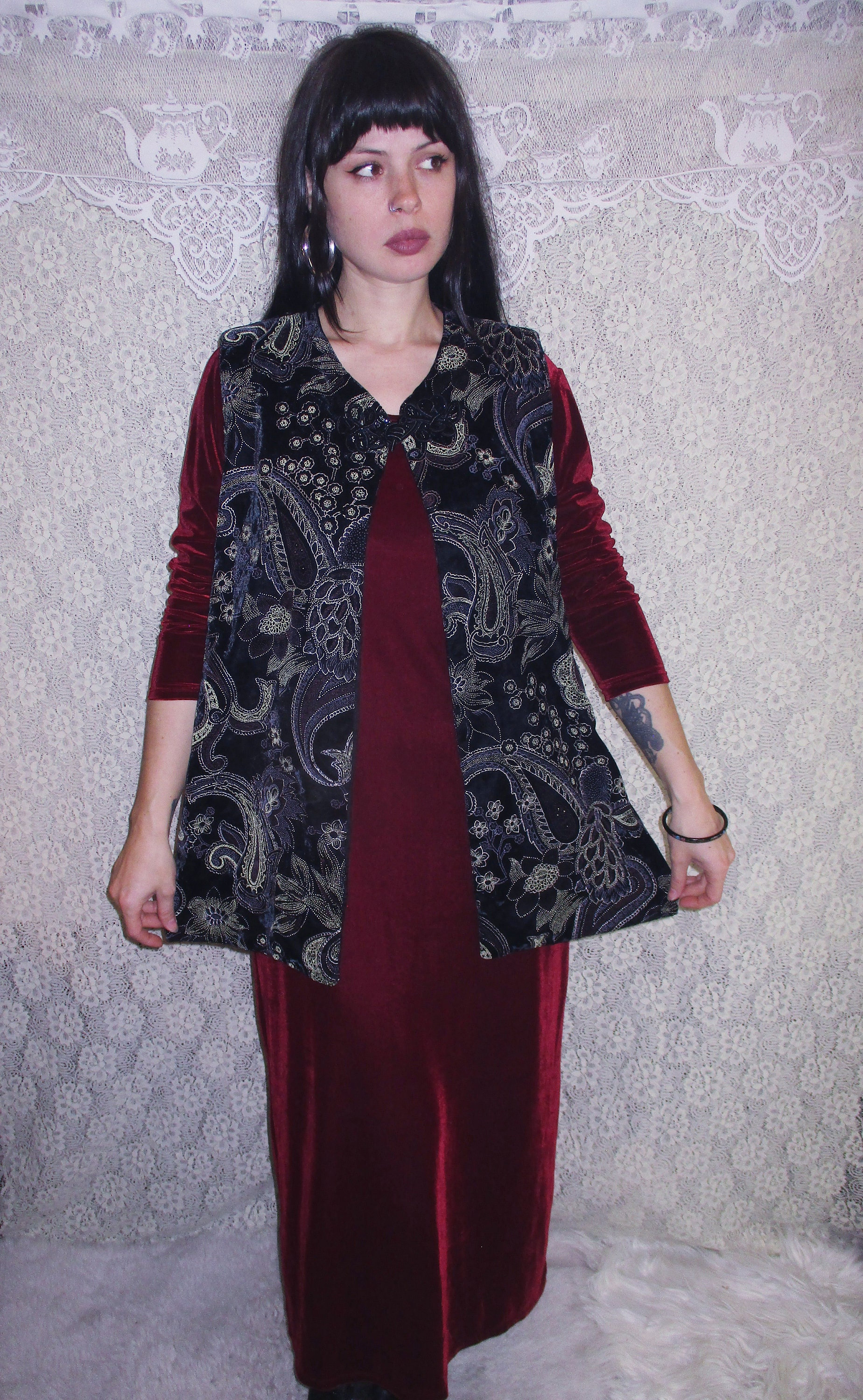 Paisley Velvet Tunic with Frog Clasp Black & Gold Floral Pattern Long Sleeveless Vest Duster Jacket Goth Bohemian Boho Witchy Hippy Handmade