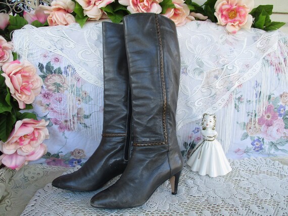 80s Grey Leather Spike Heel Boots by 