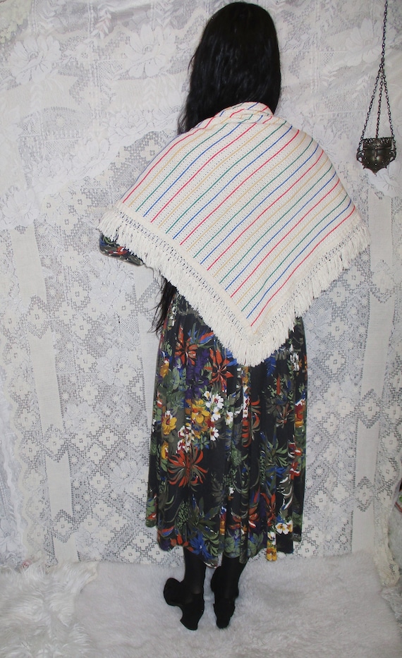 White Fringed Shawl 70s 80s Combed Cotton Primary 