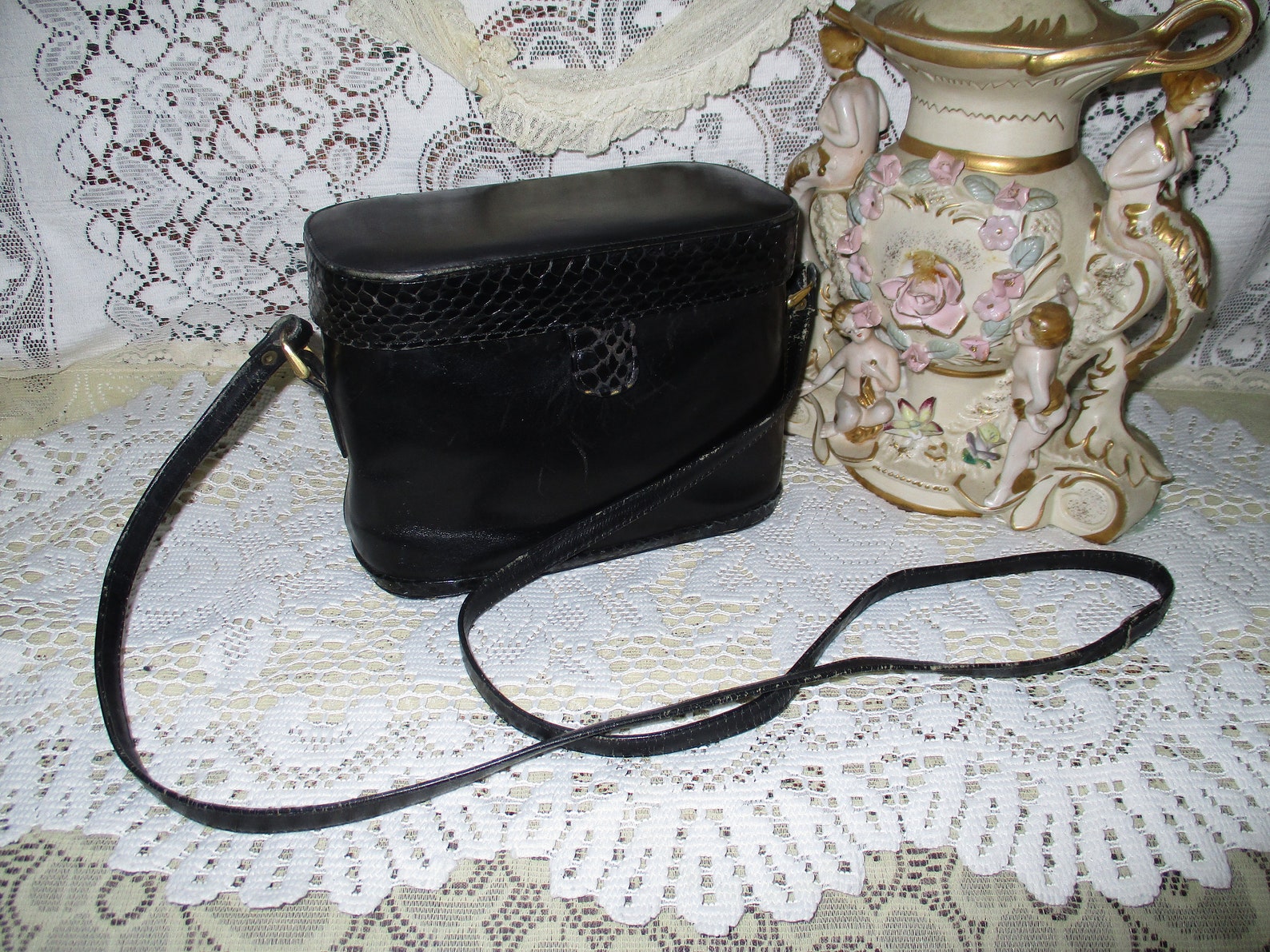80s 90s Black Leather Box Purse Snakeskin Lid Small Cube Etsy