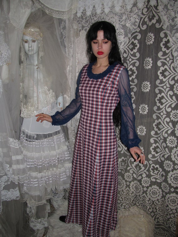 S 32 Chest Vintage 1970/'s Cotton Plaid Maxi Dress Short Puff Sleeve Dress Empire Waist Full Skirt Maxi Dress Boho Hippie Dress