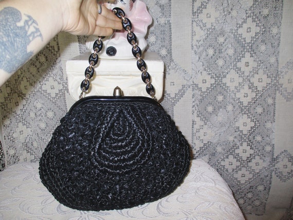 40s 50s Black Woven Raffia Purse Handbag Straw To… - image 6