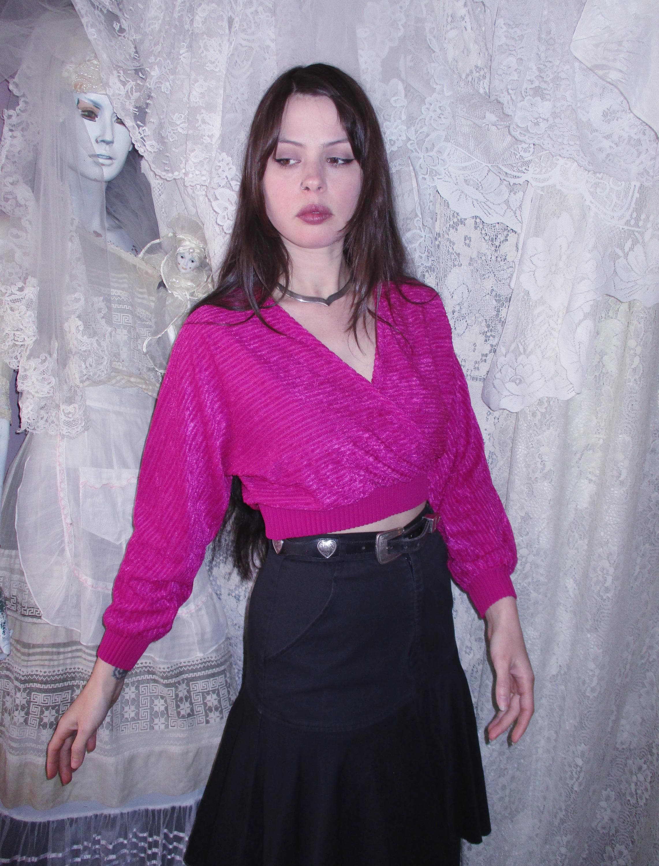 1970s Hot Pink Cropped Front Wrap Shirt Batwing Bright Magenta