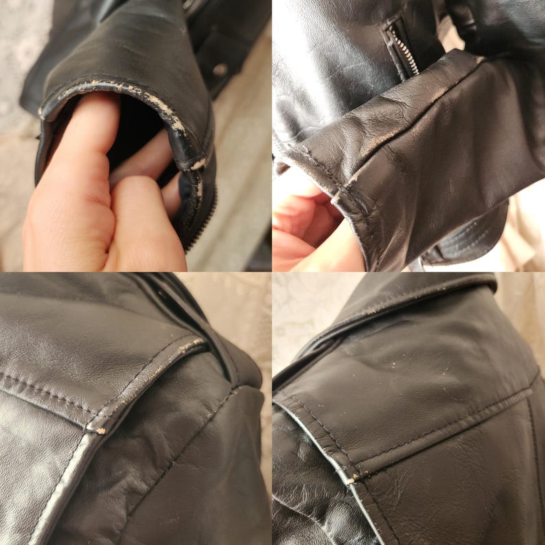 Black Leather Cropped Motorcycle Jacket Quilted Lining Missing Buckle Classic Thick Moto Coat Some Distress and Wear Trad Goth Punk Rocker afbeelding 8