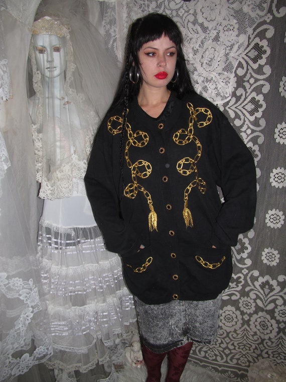 80s Black Chain & Tassel Embroidered Cardigan Swea