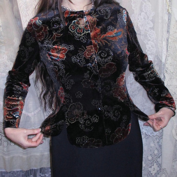 Black Velvet Blouse with Paisley Maroon Floral Pattern Gold Glitter y2k Goth Witchy Small