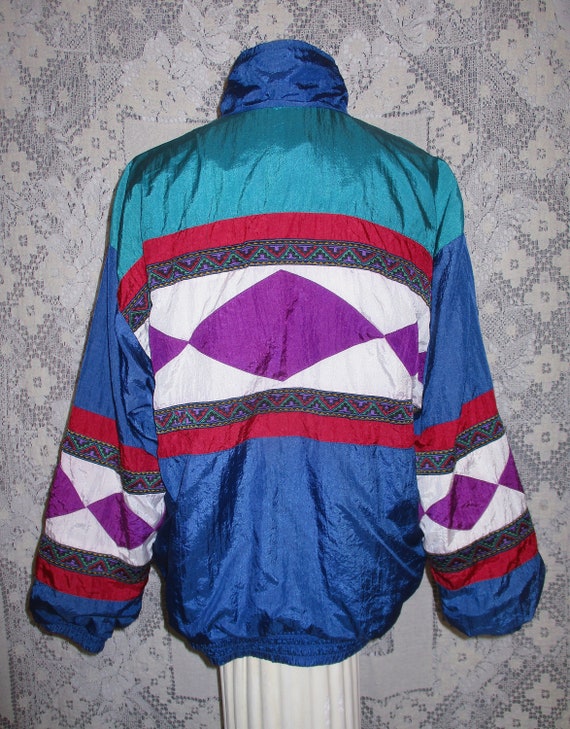 90s Windbreaker Stripes Diamond Pattern Blue Red … - image 5