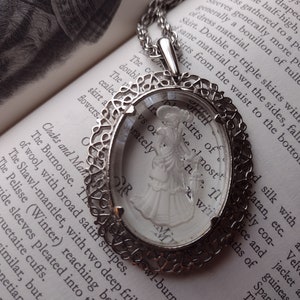 Avon Elegant Victorian Woman w Umbrella Cameo Necklace Clear Carved Frosted Glass Long Chain Oval Pendant Prairie Cottagecore Silver 80s 90s image 10