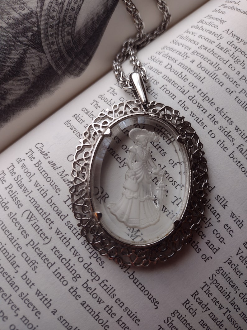 Avon Elegant Victorian Woman w Umbrella Cameo Necklace Clear Carved Frosted Glass Long Chain Oval Pendant Prairie Cottagecore Silver 80s 90s image 10