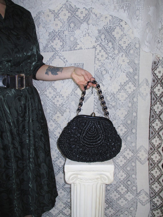 40s 50s Black Woven Raffia Purse Handbag Straw To… - image 1
